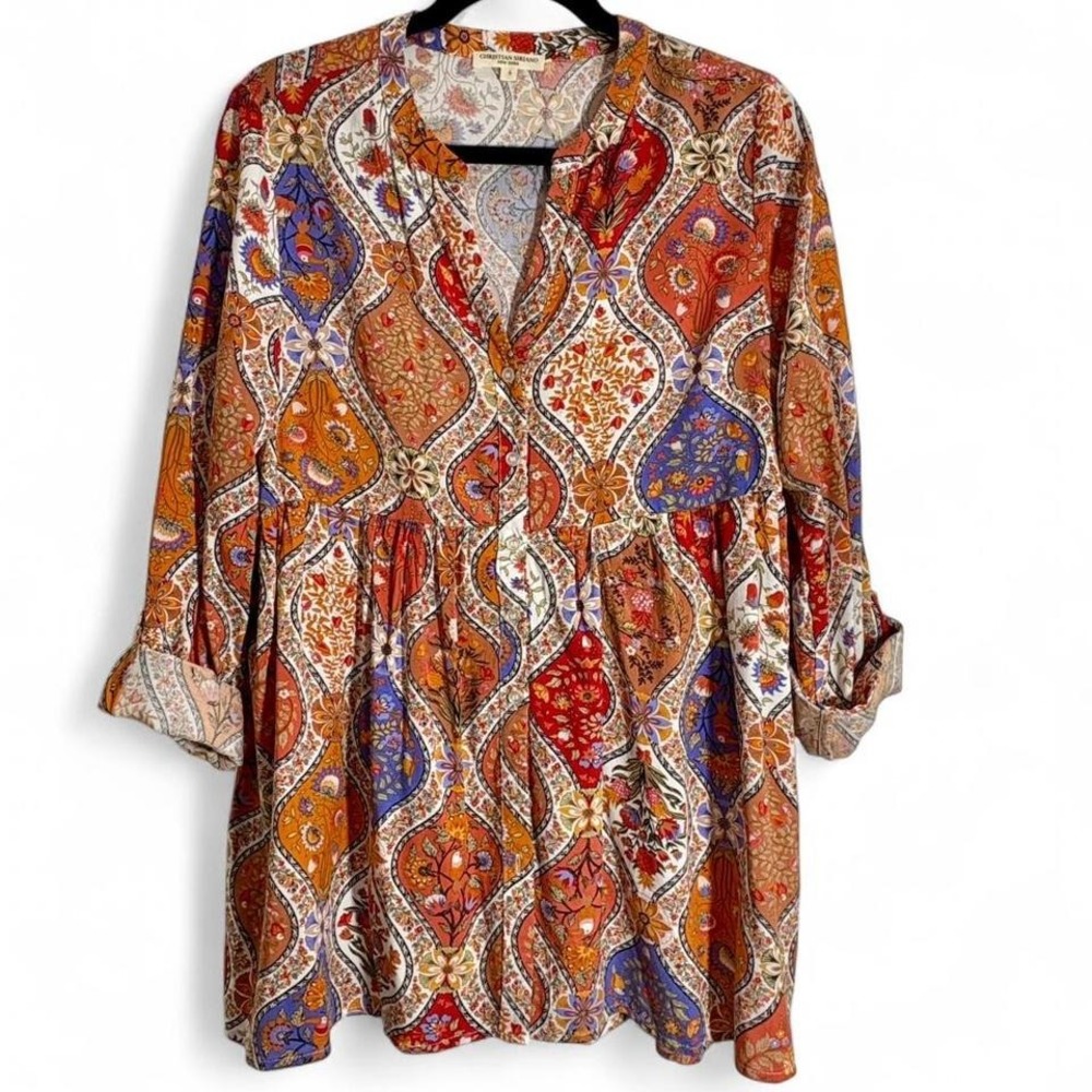 Babydoll boho paisley tunic blouse with roll tab sleeves by Christian Siriano